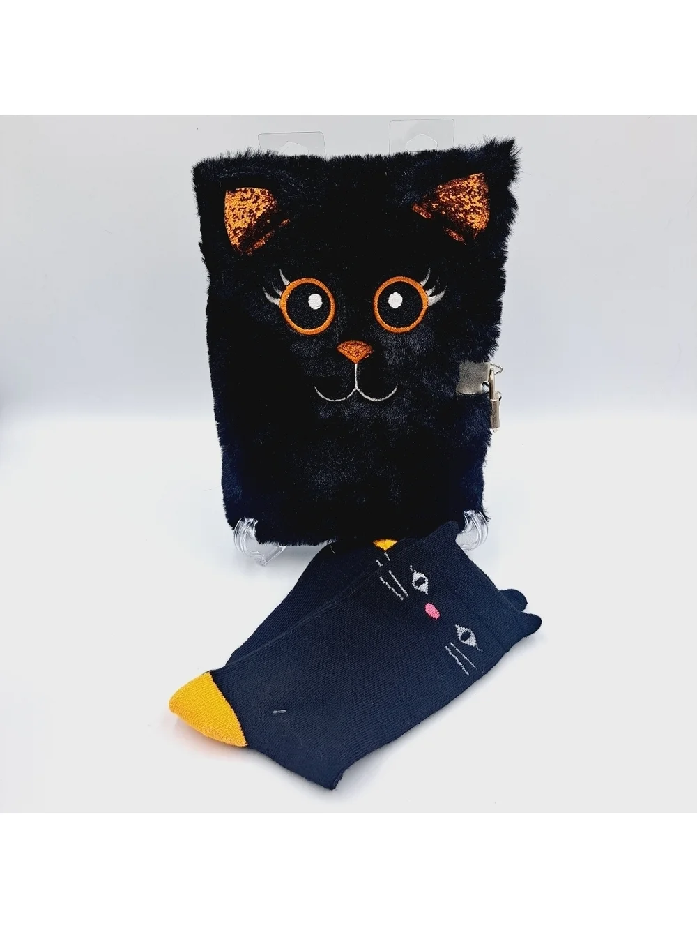Halloween Boo Basket Black Cat Plush Notebook Diary Journal, Socks Spooky Kawaii